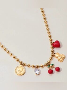 Golden Memories Beaded Cherry Teddy Bear Necklace